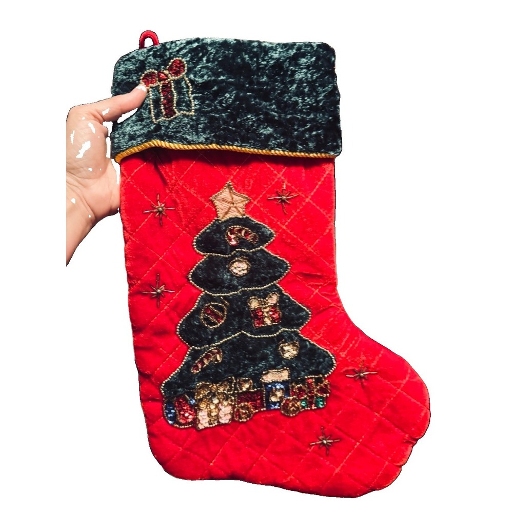 Vintage Velvet Embellished Christmas Stocking Tree Presents Beaded Star